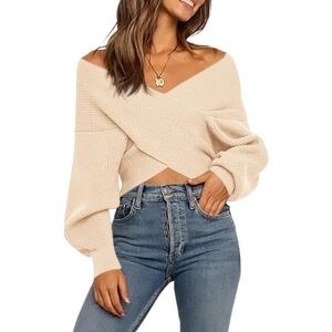 BTFBM Off Shoulder Criss Cross "Wrap" Cropped Pull Over Sweater